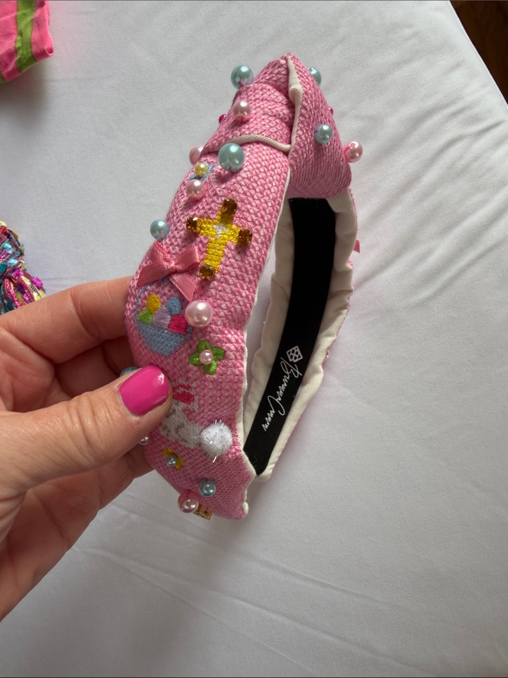 Embellished Pink Padded Headband with Pearls & Cross Detail